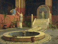 Луиджи Баццани "Собирание цветов во дворе", античная архитектура, водопад