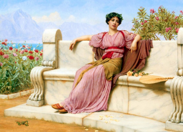 Джон Уильям Годвард "Спокойствие", девушка сидящая на каменной скамье на фоне цветов
