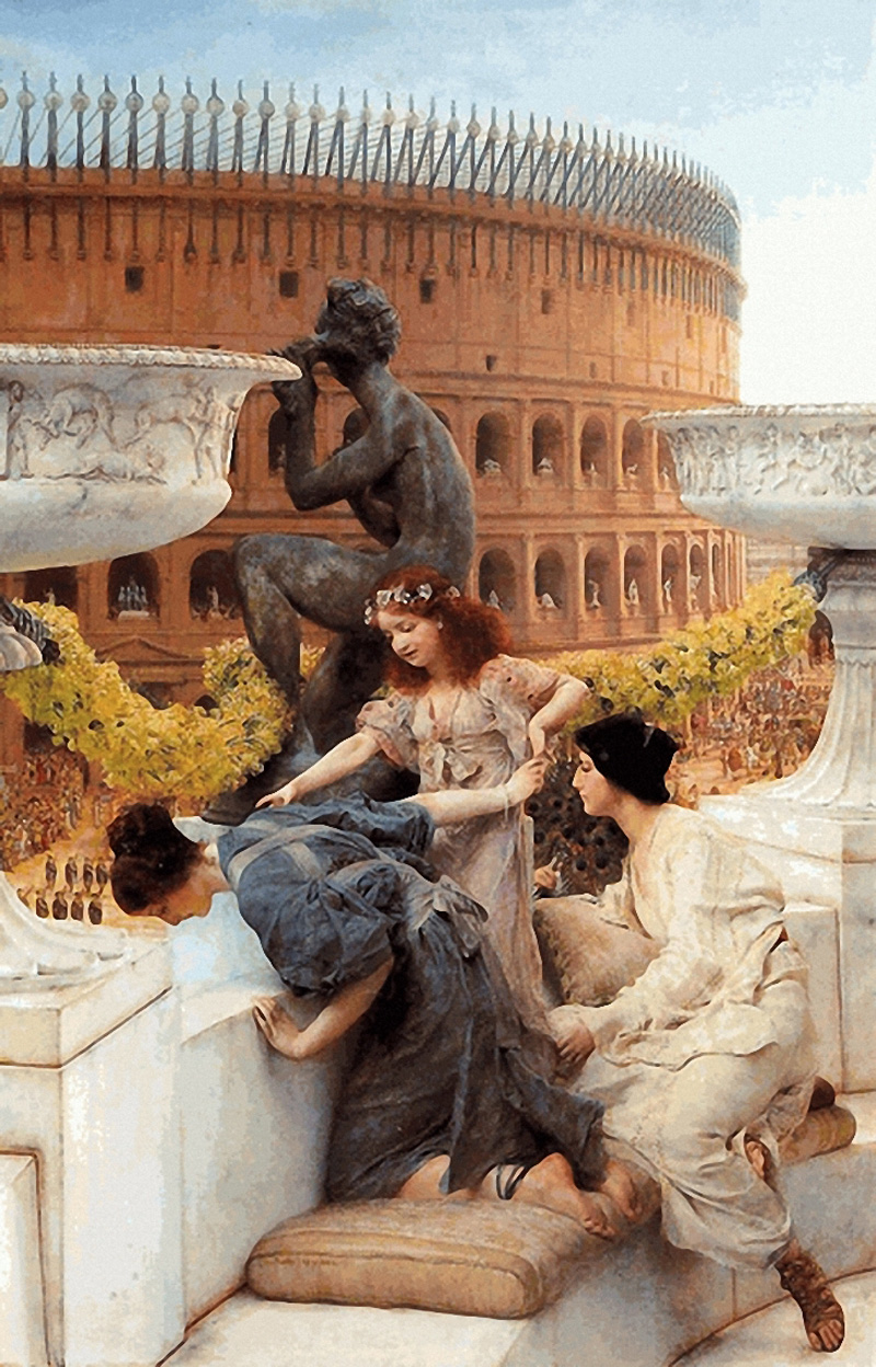 Лоуренс Альма-Тадема "Колизей", группа девушек на фоне строящегося Колизея