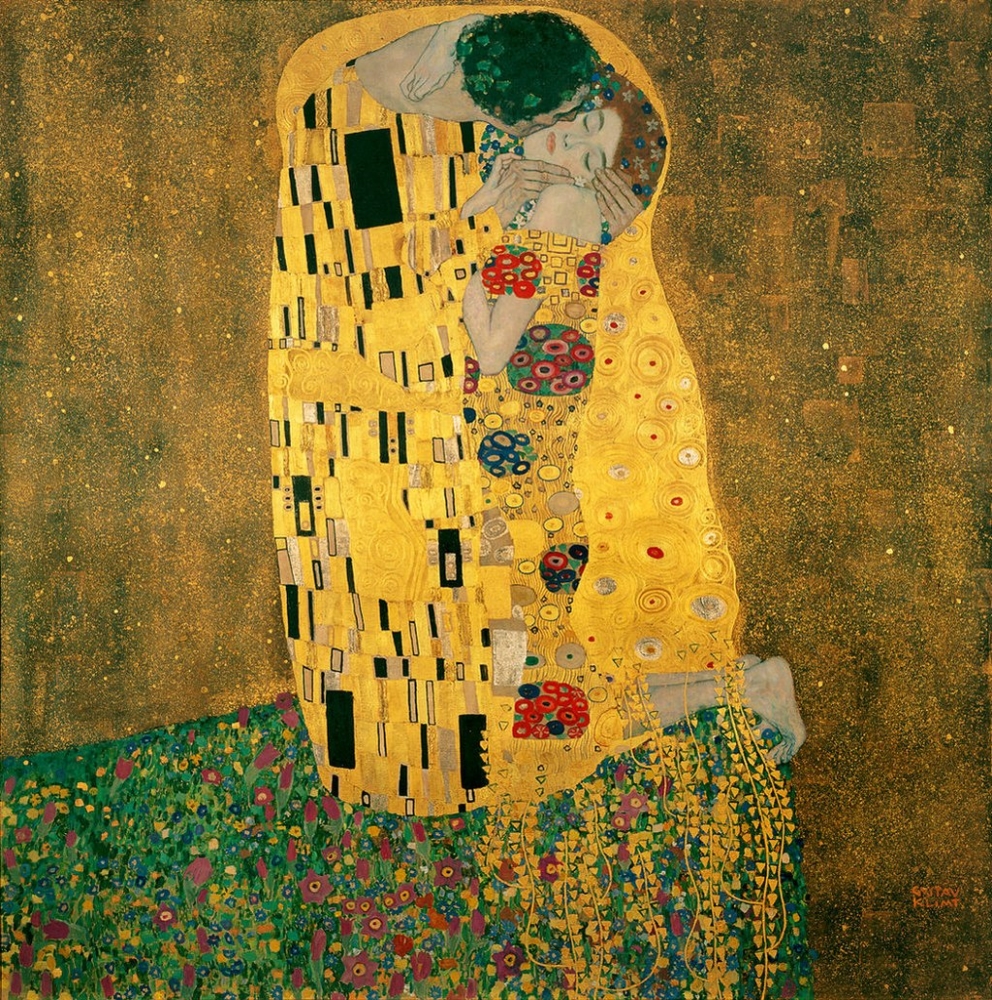 Климт Густав "Поцелуй", на скале, на краю цветочной поляны, в золотой ауре, пара влюбленных