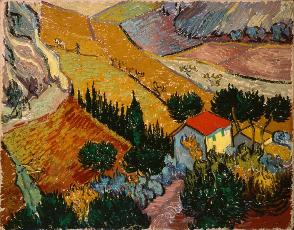 Винсент Ван Гог "Пейзаж с домом и пахарем", импрессионизм, модернизм, панорам с птичьего полета