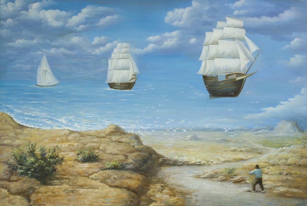 Роб Гонсалвес "В поисках моря", корабли, оптические иллюзии, облака, море