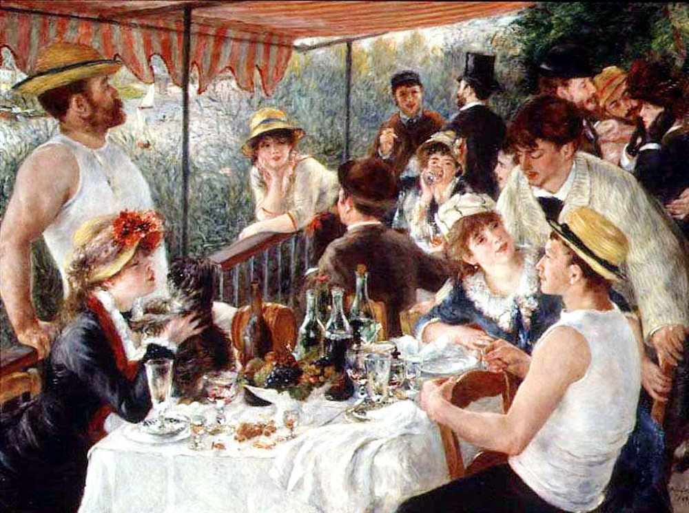 Пьер Огюст Ренуар "Завтрак гребцов", групповой портрет встречи друзей на фоне Сены