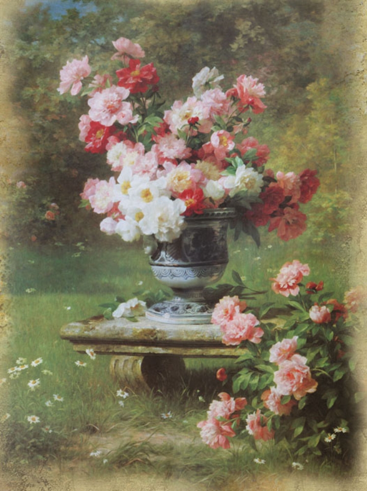 Луи Мари Лемар "Пионы в диком саду", ваза с цветами на фоне дикого сада