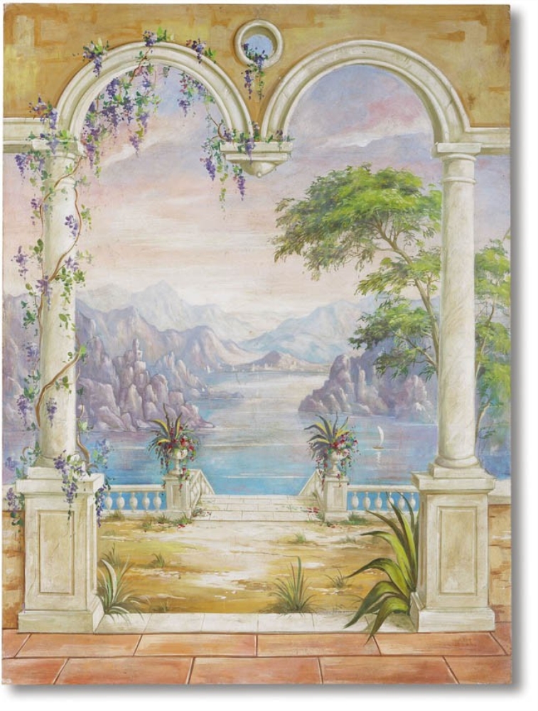 Панорамный вид через парадную арку в цветак на море и горы