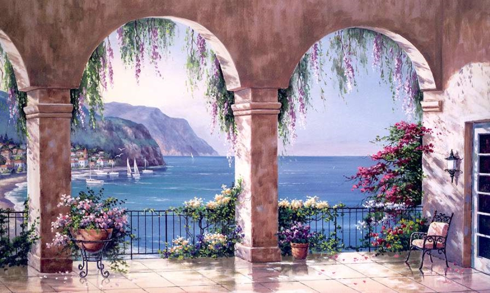 Средиземноморский пейзаж с террасы обрамленной величественными сводами на фоне гор и моря
