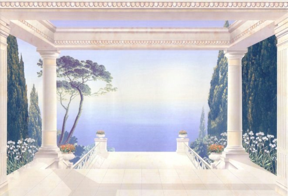 Панорамный вид через парадную арку в цветак на море и парадной лестницы спускающейся к воде
