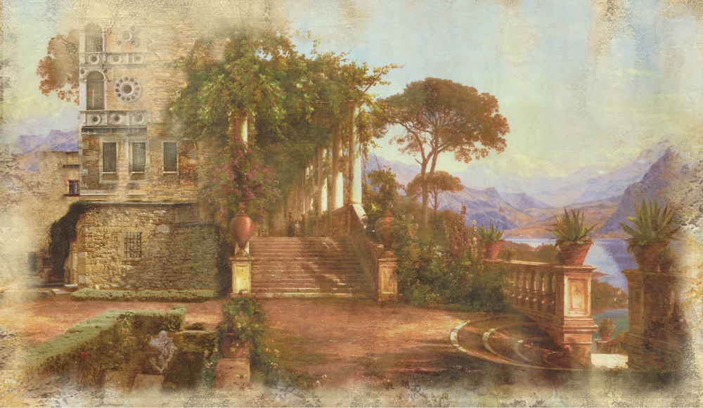 Итальянская архитектура с террасами в цветах, с лестницей к морю и видом на горы