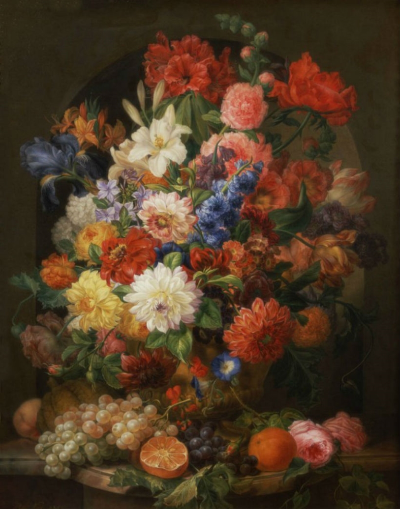 Джозеф Нигг "Цветочный натюрморт", комбинация цветов с фруктами