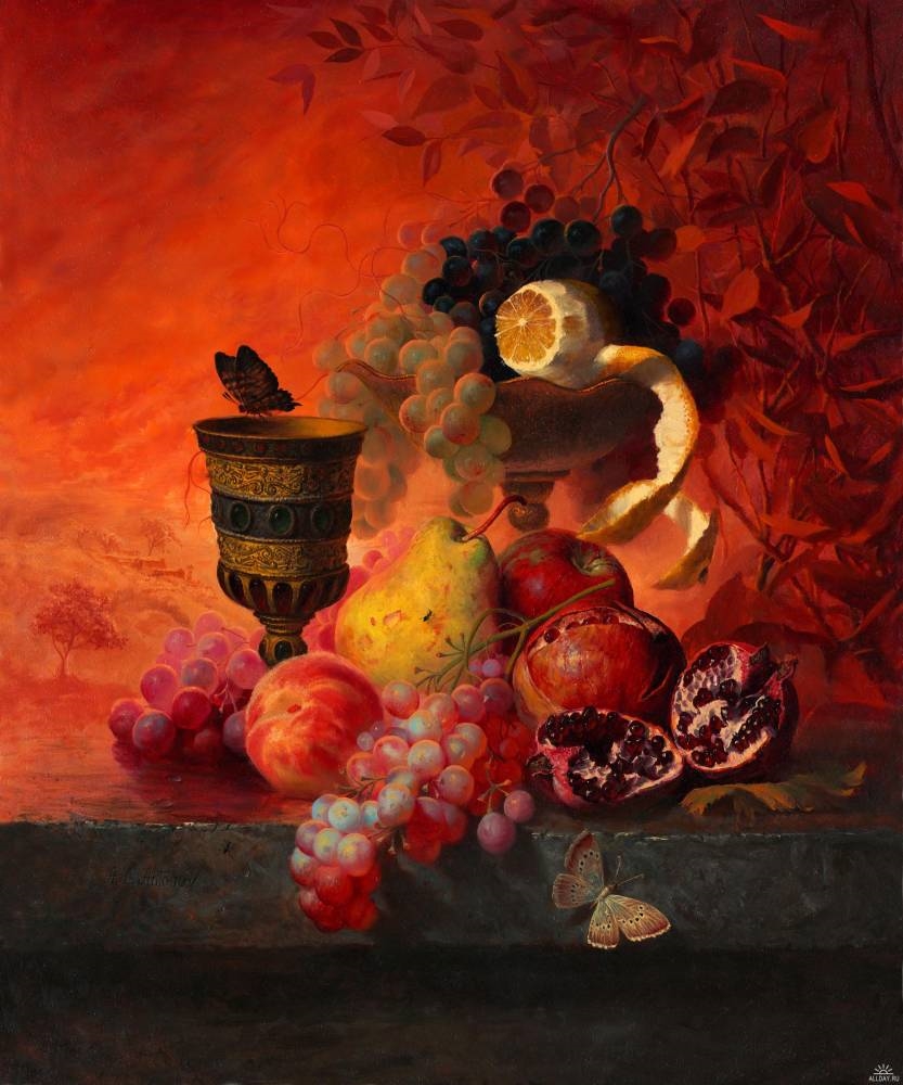 Натюрморт Алексея Антонова с бокалом вина, бабочкой и фруктами