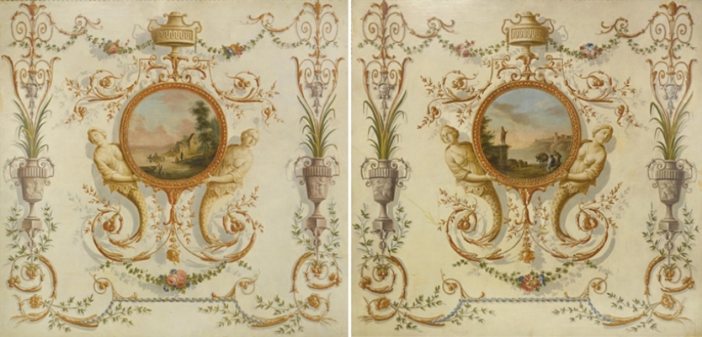 Декор потолка в виде цветов с вазами и художественным сюжетом как центральным элементом