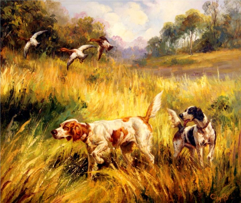 Смородинов Руслан "Охота на уток", изображение охотничьих собак и летящих уток