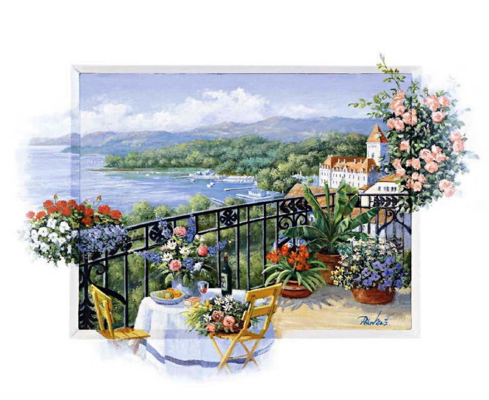 Питер Мотц "Незабываемая перспектива", балкон в цветак и столиком для двоих на фоне моря и гор