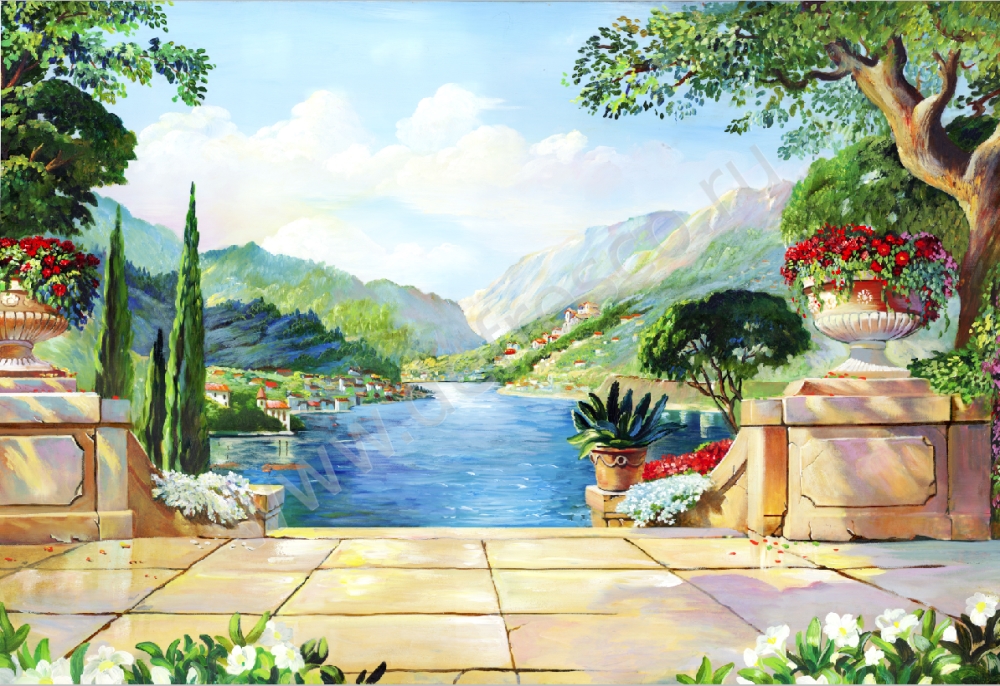 Пейзаж с террасой, вазами цветов и видом на горы и реку