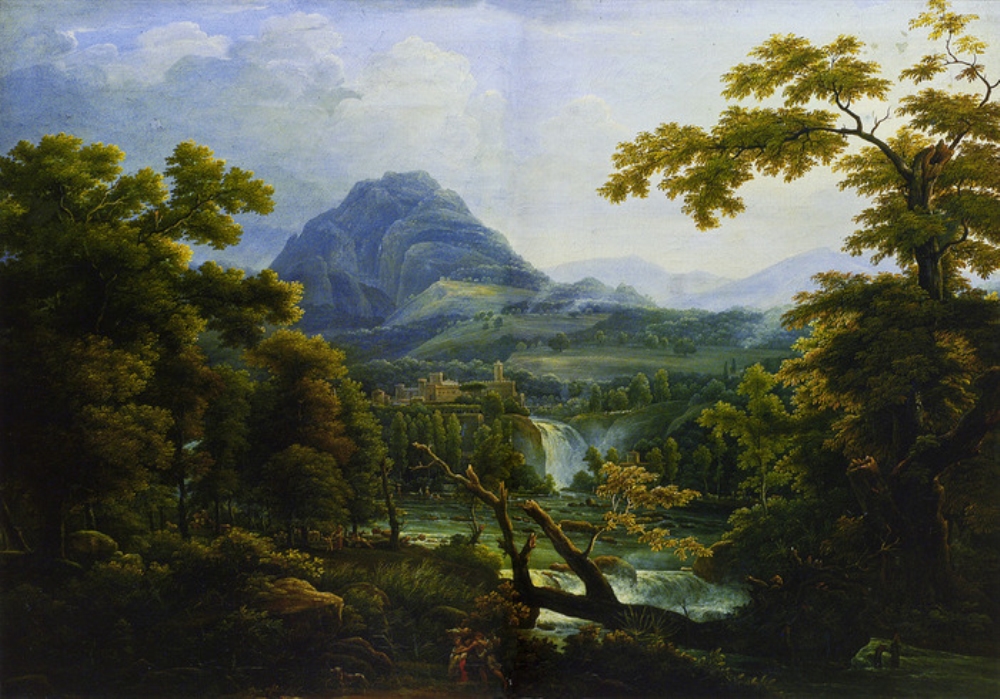 Матвеев Федор Михайлович "Водопад в Тиволи", пейзаж с видом на город у подножья горы и водопадом