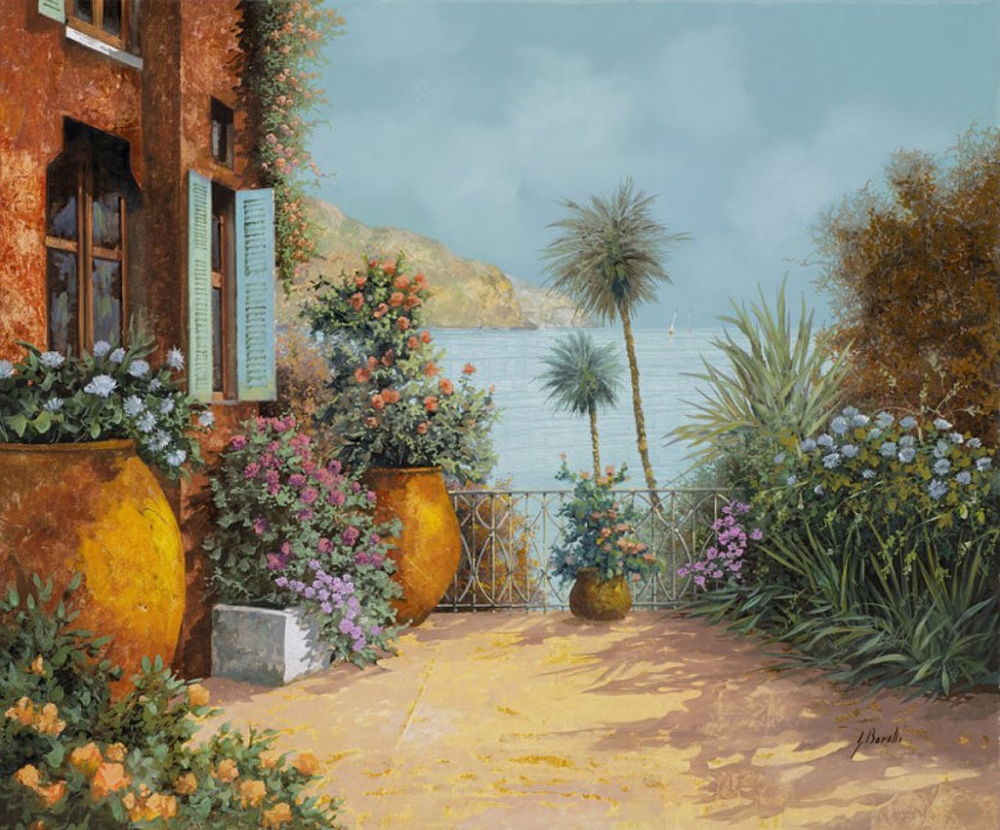 Гвидо Борелли "На террасе", вид с летней террасы на море и горы