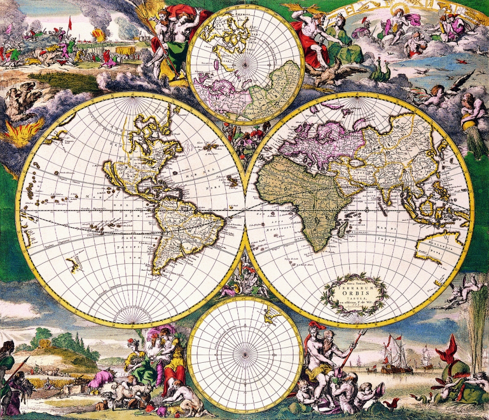 Фредерик Де Вит, Старая карта полушарий мира, опубликованная в Амстердаме 1668