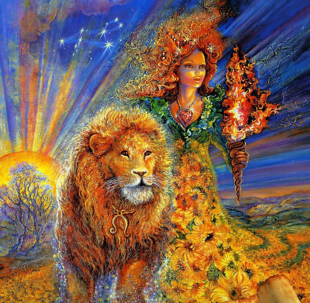 Жозефина Уолл "Знаки Зодиака: Лев", девушка со львом и факелом в руке