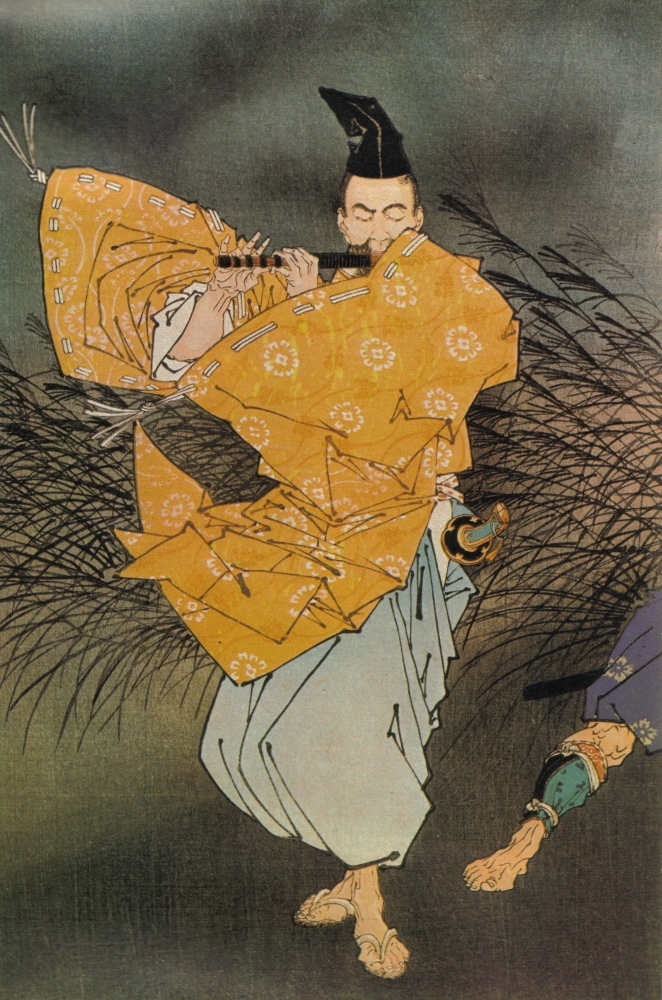Цукиока Ёситоси, фрагмент картины, идущий самурай играет на флейте