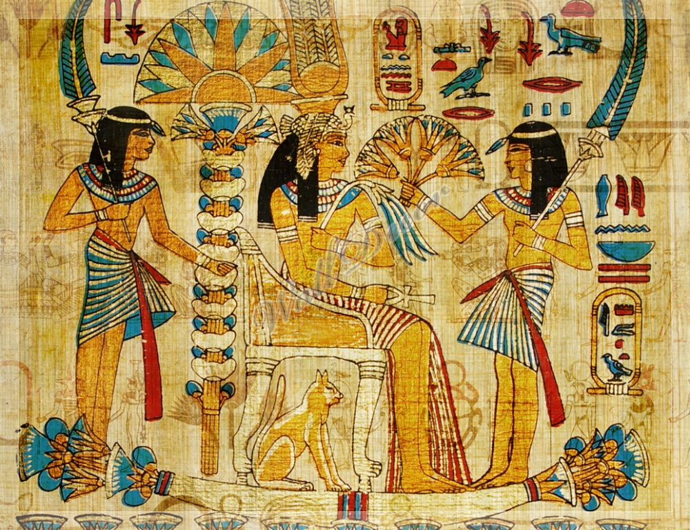 Рисунок на древнем папирусе с изображением египетской царицы и прислуги, Египетский сюжет