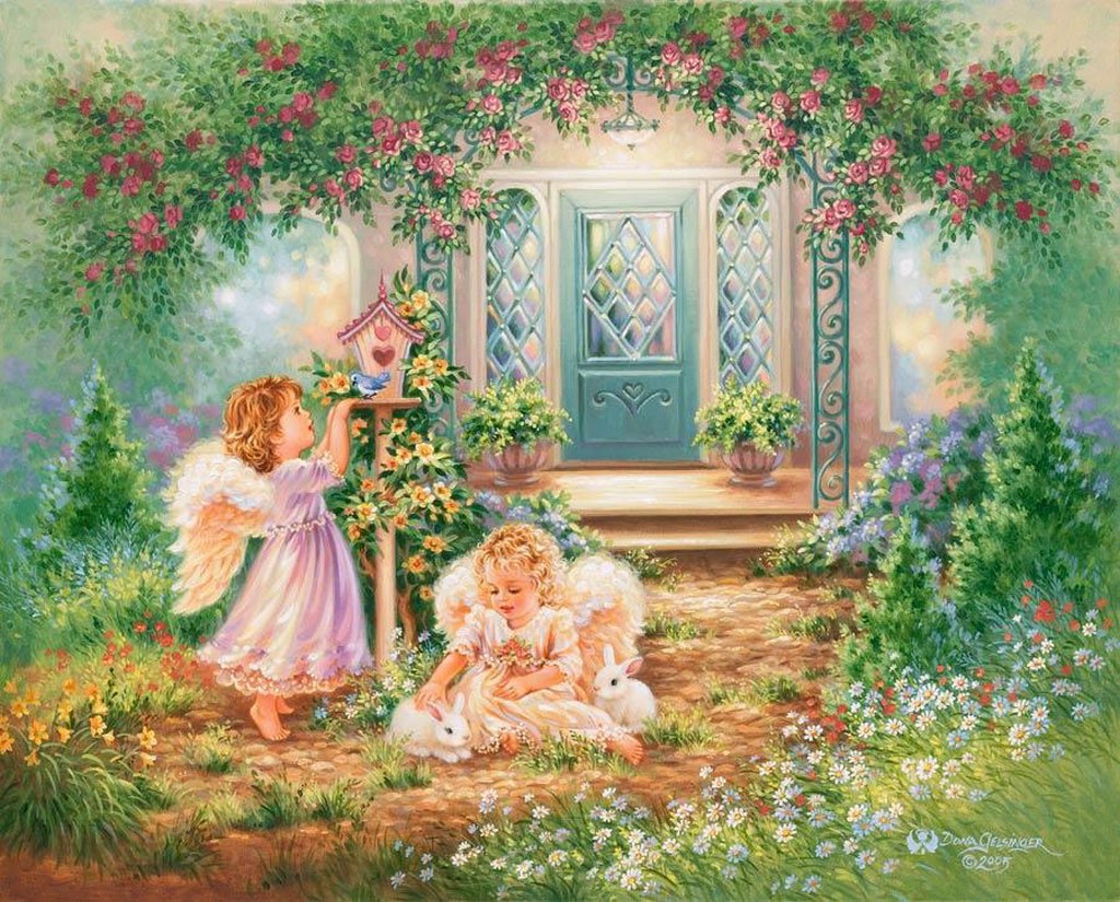 Дона Гелсингер "Ангелочки", метод "детская роспись"на фоне дома в цветах