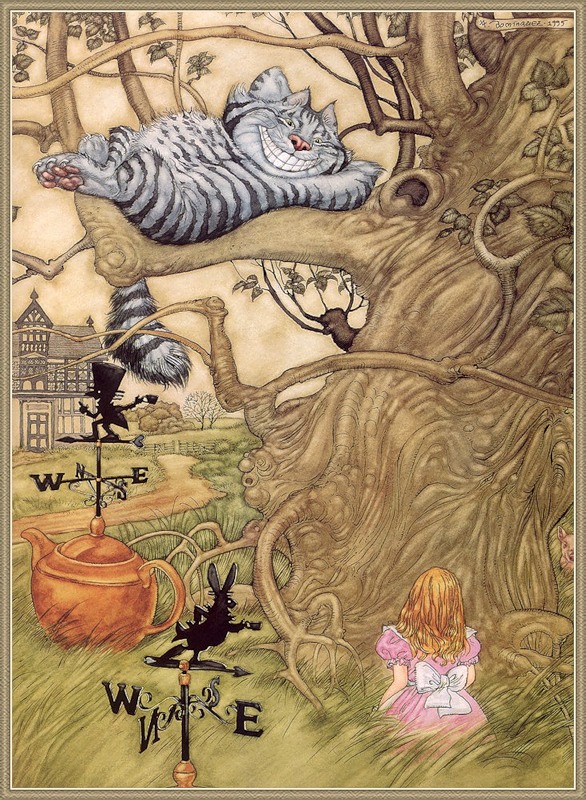 Энджел Домингес иллюстрации к сказке "Алиса в стране Чудес", чеширский кот и сказочное дерево